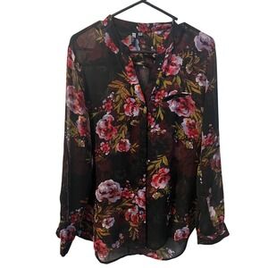KUT from the Kloth Women Black Floral Sheer Long Sleeve Button Down Blouse Sz M